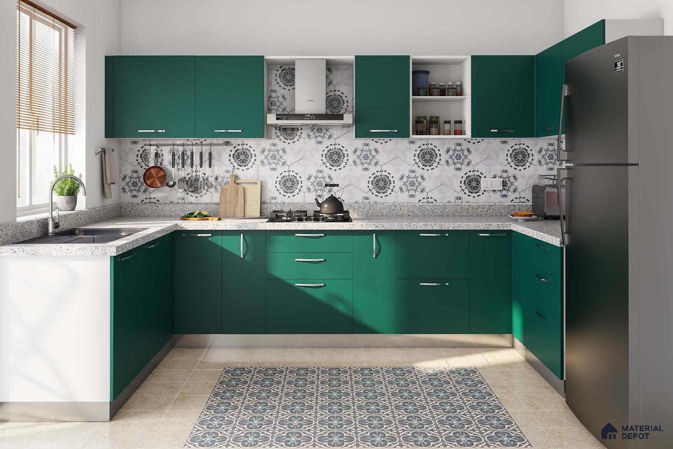 Modern kitchen with green laminate cabinets, terrazzo countertop, and floral patterned backsplash tiles in Bengaluru | Material Depot