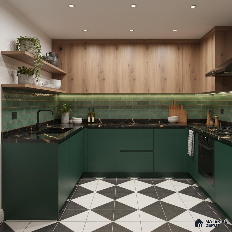 Modern kitchen with green laminate cabinets, wood laminate shutters, green subway backsplash tile, and black marble countertop in Bengaluru