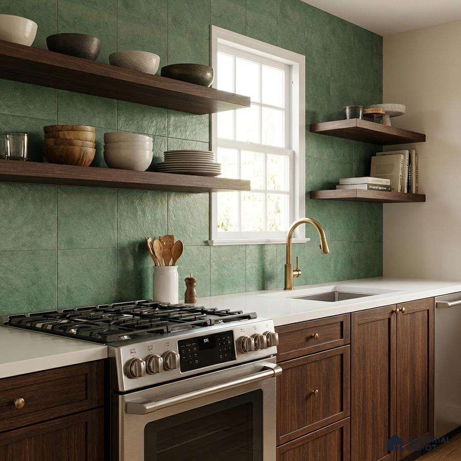 Modern kitchen with green wall tiles, walnut wood cabinets, and white quartz countertop