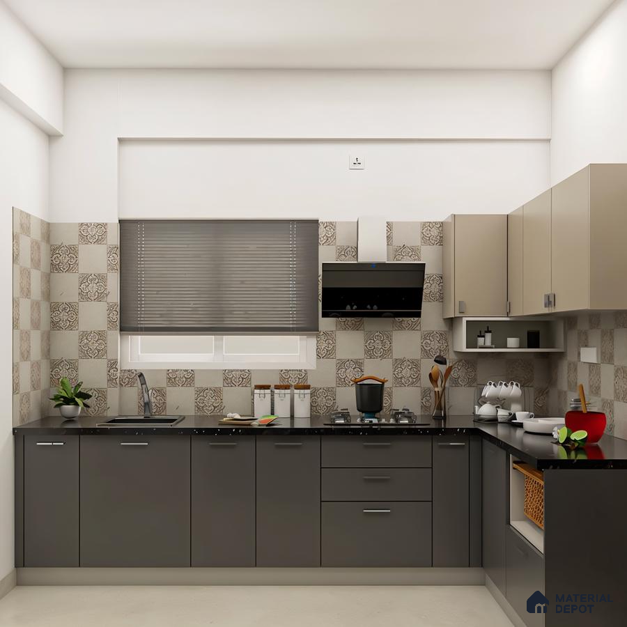Modern kitchen with grey and beige laminate cabinets, black granite countertop, and patterned checkerboard backsplash tiles in Bengaluru | Material Depot