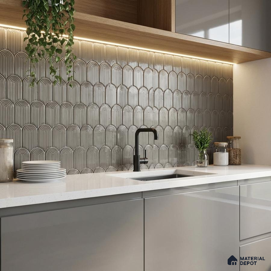 Modern kitchen with grey geometric backsplash tile, glossy grey laminate cabinets, and white quartz countertop