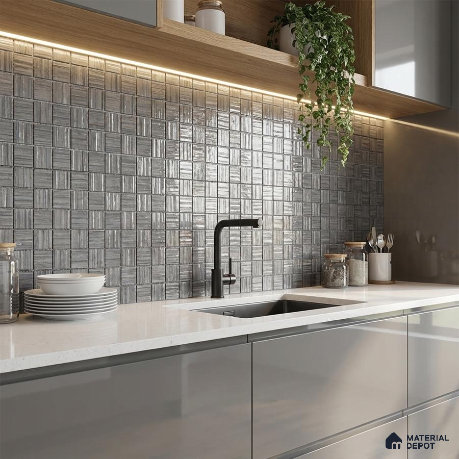 Modern kitchen with grey geometric backsplash tile, glossy grey laminate cabinets, and white quartz countertop