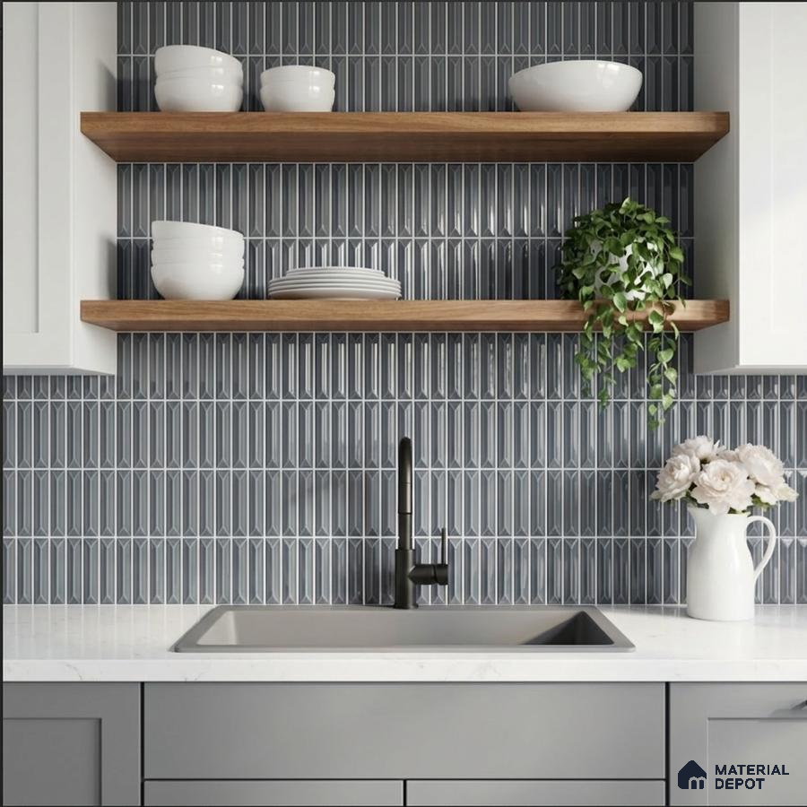 Modern kitchen with grey geometric backsplash tile, white quartz countertop, and wooden open shelves
