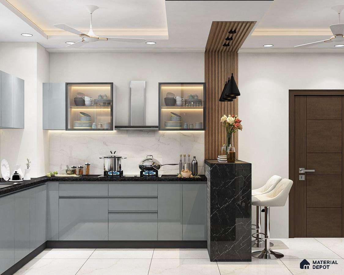 Modern kitchen with grey high gloss laminate, black marble breakfast counter, and white marble backsplash in Bengaluru | Material Depot