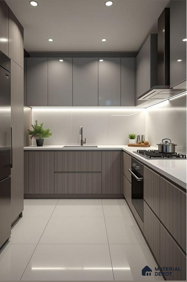Modern kitchen with grey high gloss laminate, wood grain laminate, and white quartz countertop in Bengaluru | Material Depot