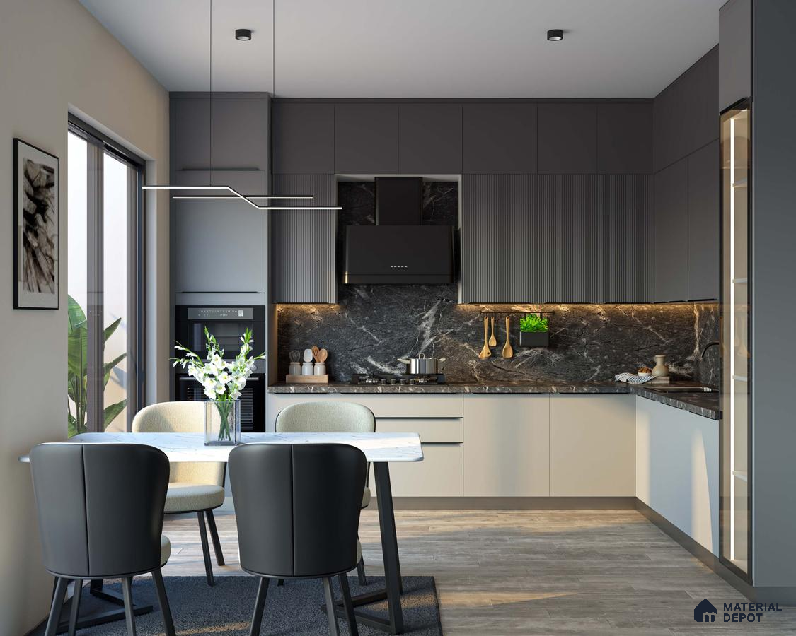 Modern kitchen with grey matte laminate, black marble backsplash, and wood-look floor tile in Bengaluru | Material Depot
