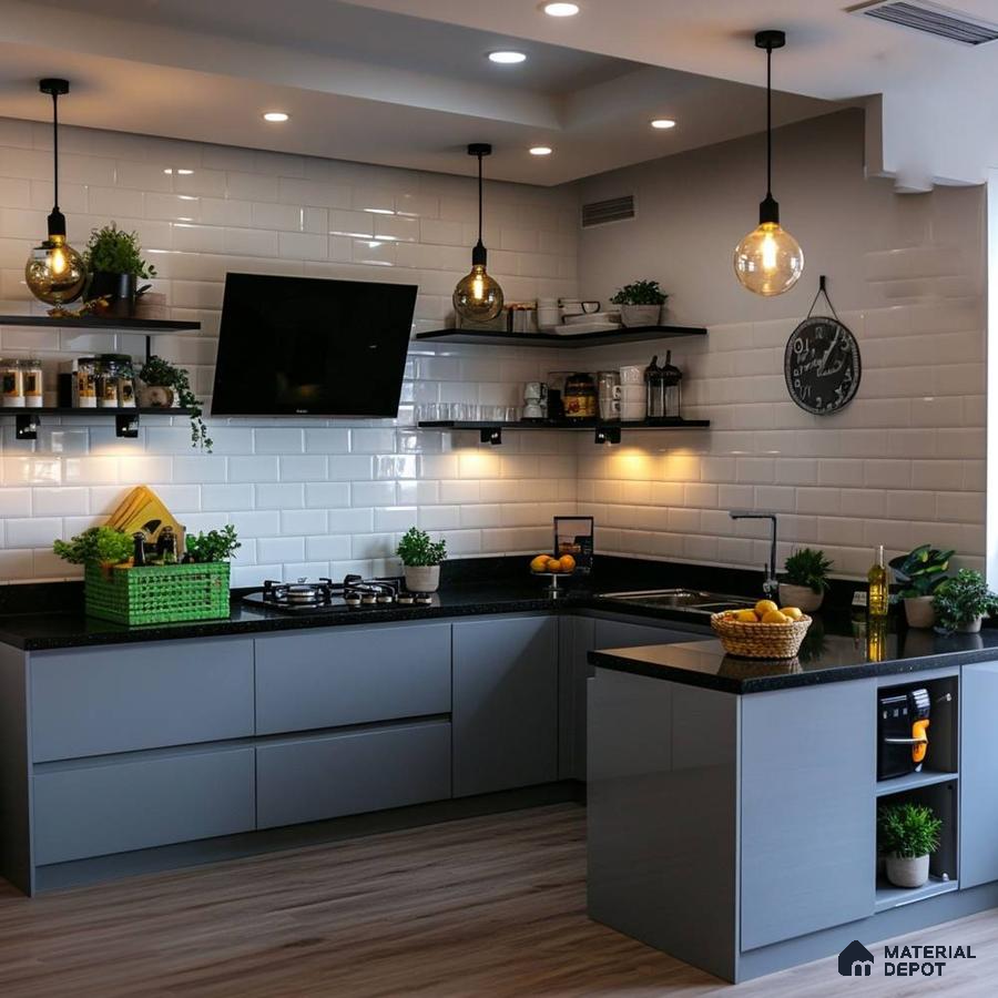 Modern kitchen with grey matte laminate cabinets, black granite countertop, and white subway wall tiles in Bengaluru | Material Depot