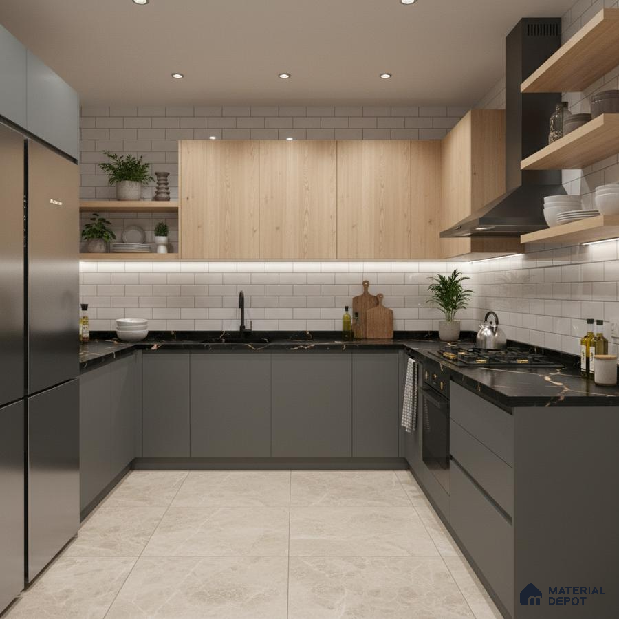 Modern kitchen with grey matte laminate, light oak laminate, black marble countertop, and white subway tile backsplash in Bengaluru