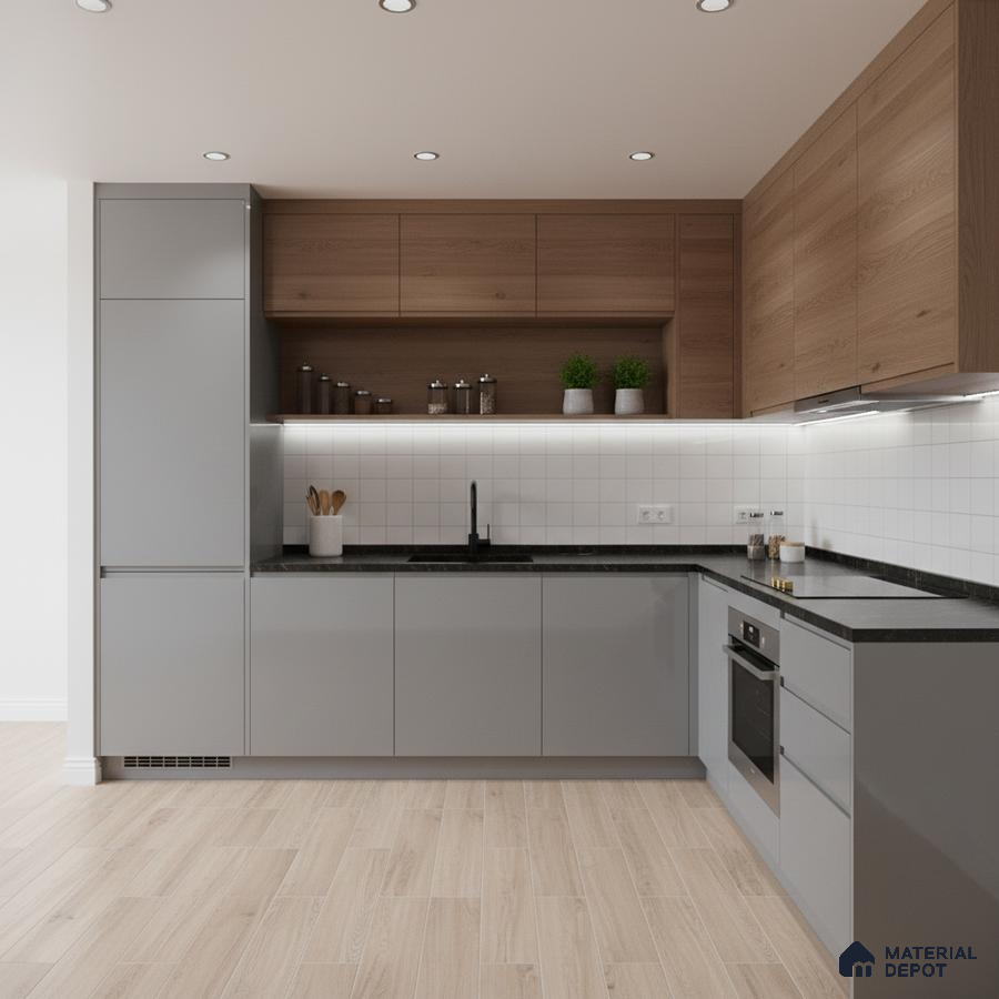 Modern kitchen with grey matte laminate, walnut wood laminate, black quartz countertop, and white square backsplash tiles in Bengaluru