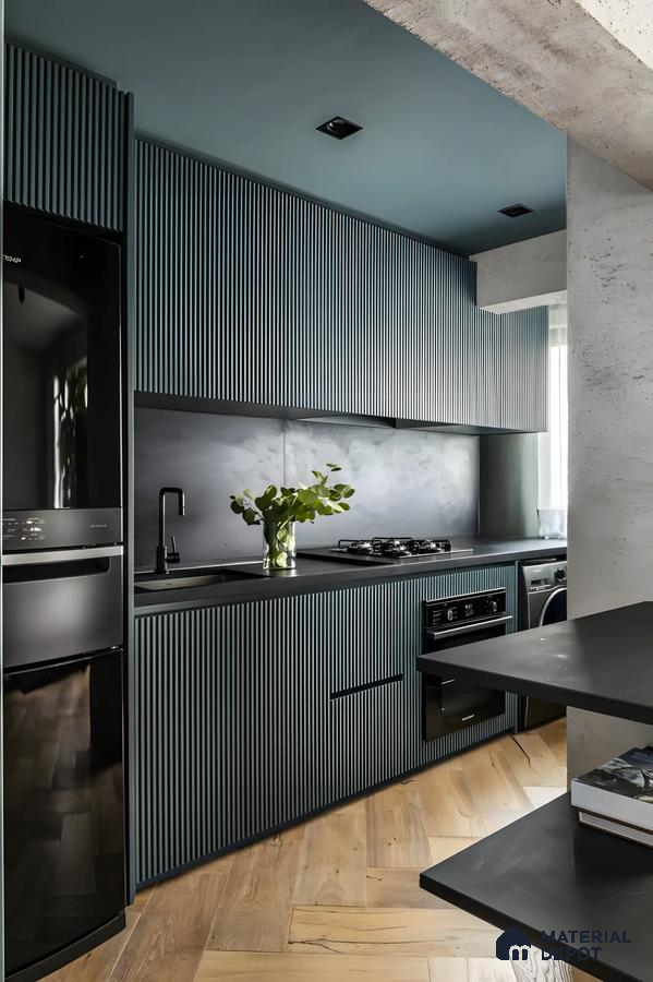Modern Kitchen with Grooved Cabinets and Industrial Design Elements | Material Depot