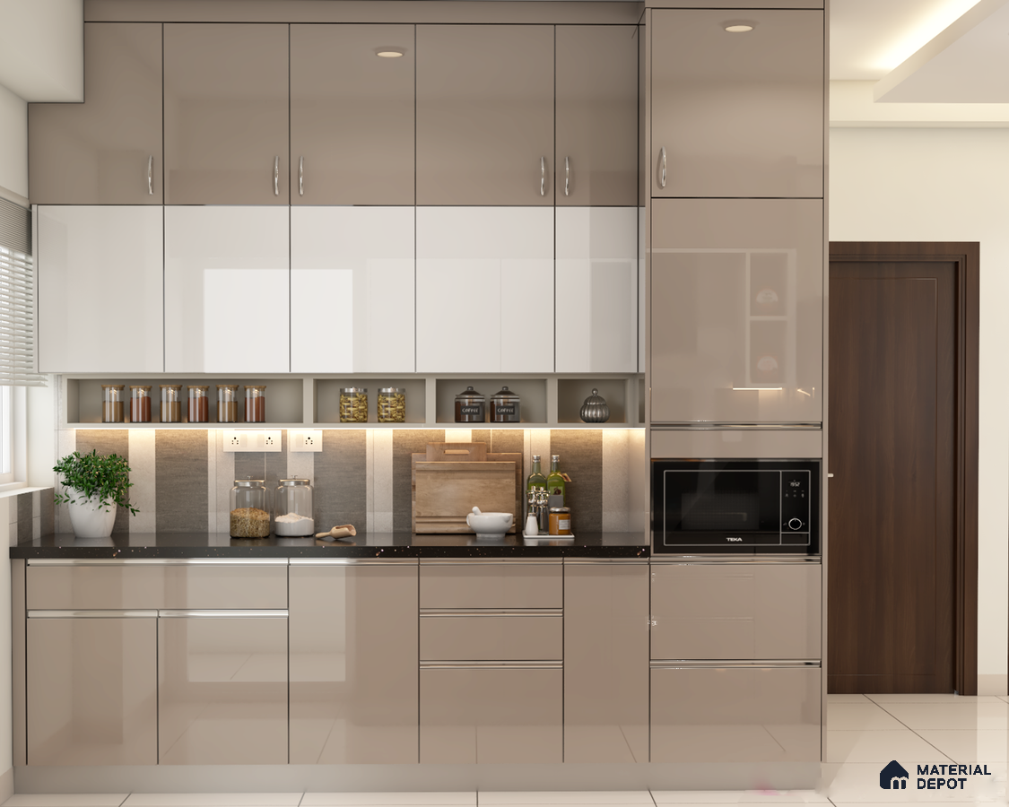 Modern kitchen with high gloss beige and white laminate cabinets and black quartz countertop in Bengaluru | Material Depot