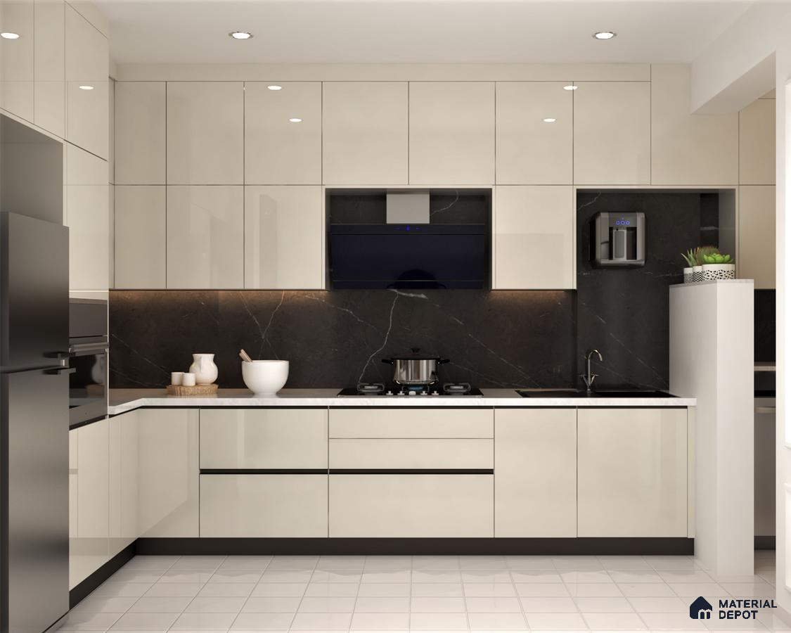 Modern kitchen with high gloss beige laminate, black marble backsplash, and white quartz countertop in Bengaluru | Material Depot