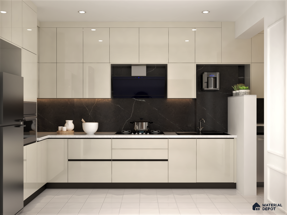 Modern kitchen with high gloss beige laminate, black marble backsplash, and white quartz countertop in Bengaluru | Material Depot
