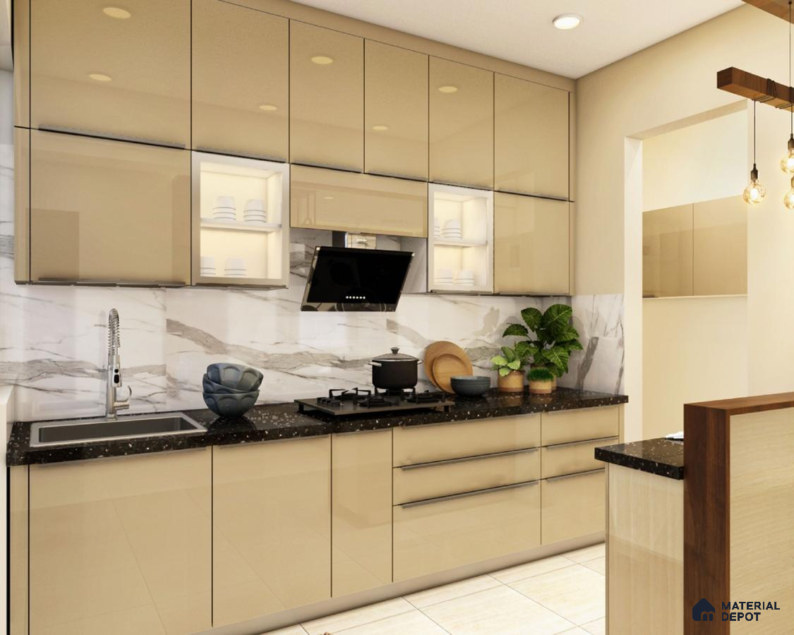Modern kitchen with high gloss beige laminate, black quartz countertop, and marble backsplash in Bengaluru | Material Depot