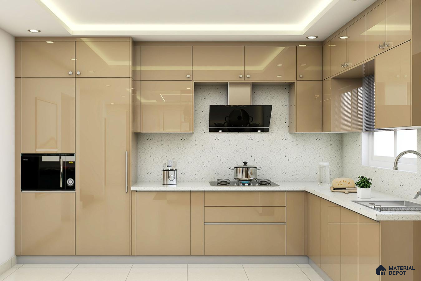 Modern kitchen with high gloss beige laminate cabinets and white quartz countertop in Bengaluru | Material Depot