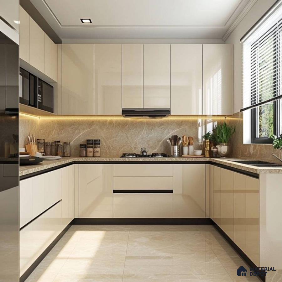 Modern kitchen with high gloss beige laminate, marble-look backsplash, and beige floor tiles in Bengaluru | Material Depot