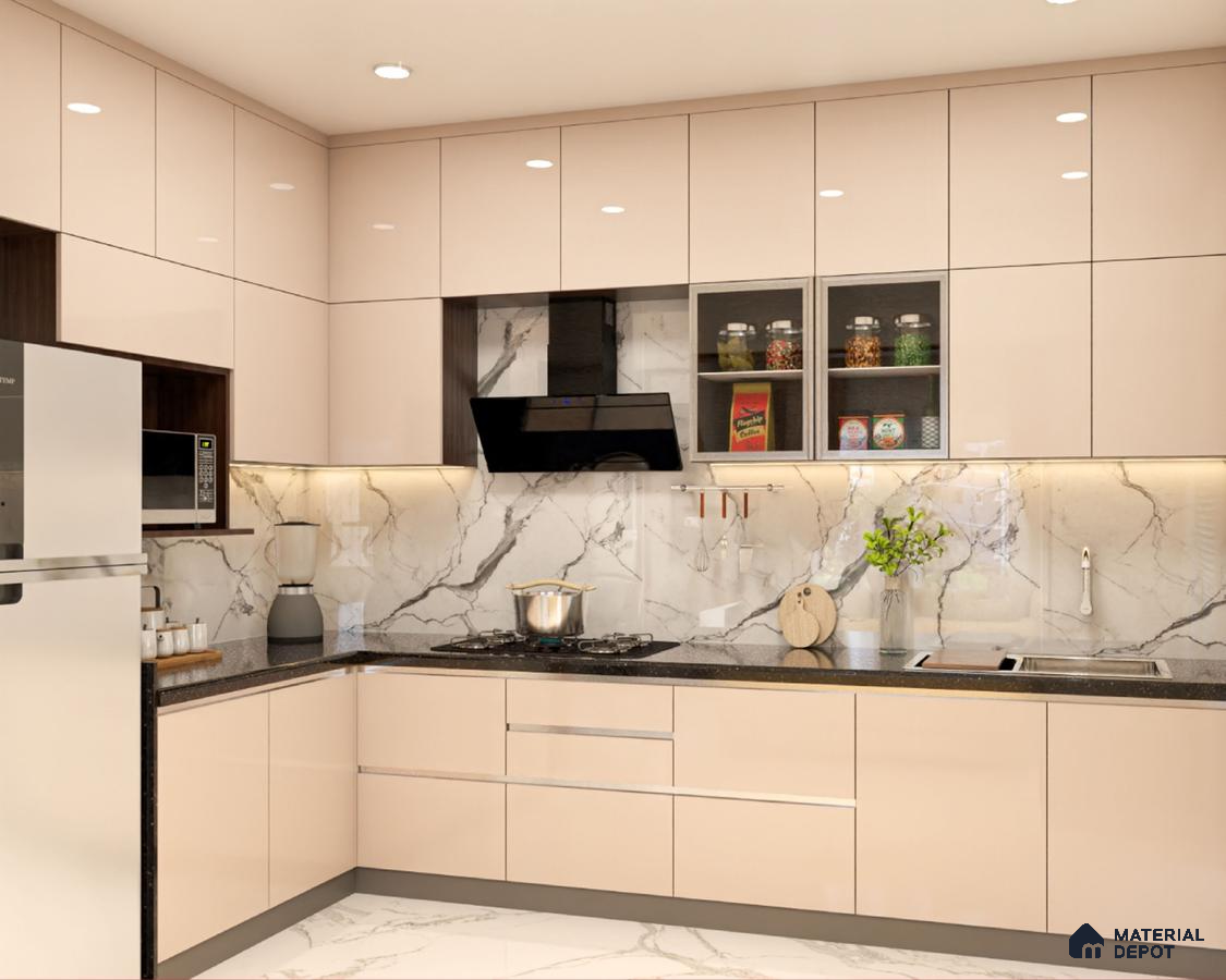 Modern kitchen with high gloss beige laminate, marble-look backsplash, and marble floor tiles in Bengaluru | Material Depot