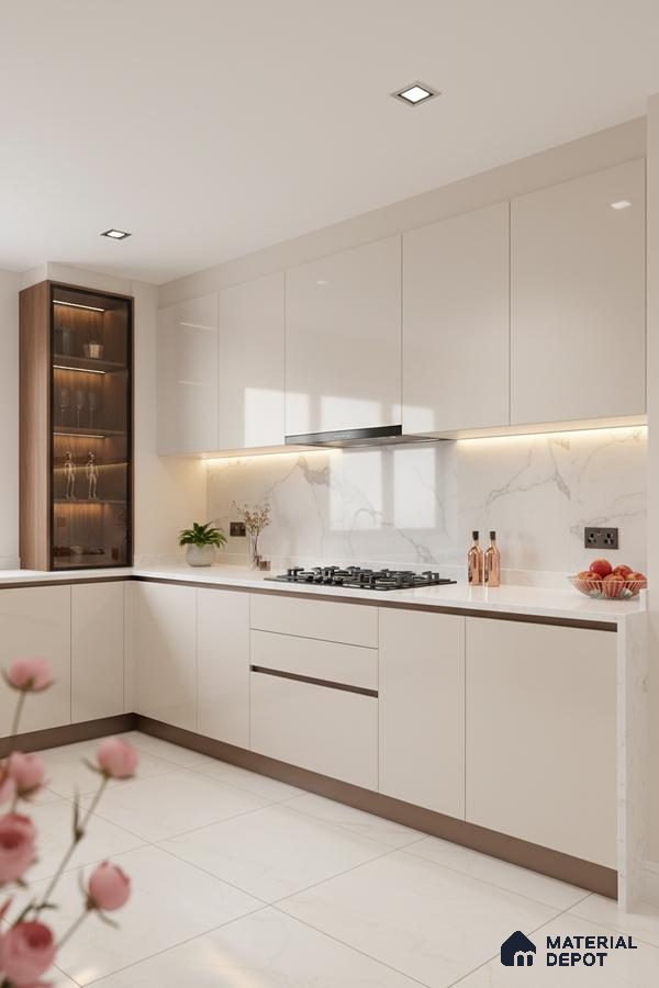 Modern kitchen with high gloss beige laminate, white marble-look backsplash, and white quartz countertop in Bengaluru