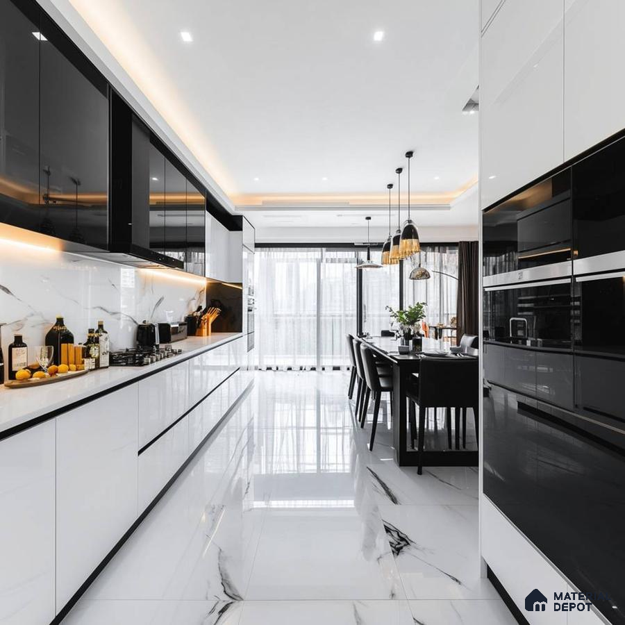 Modern kitchen with high gloss black and white laminate, marble-look backsplash and floor tiles in Bengaluru | Material Depot