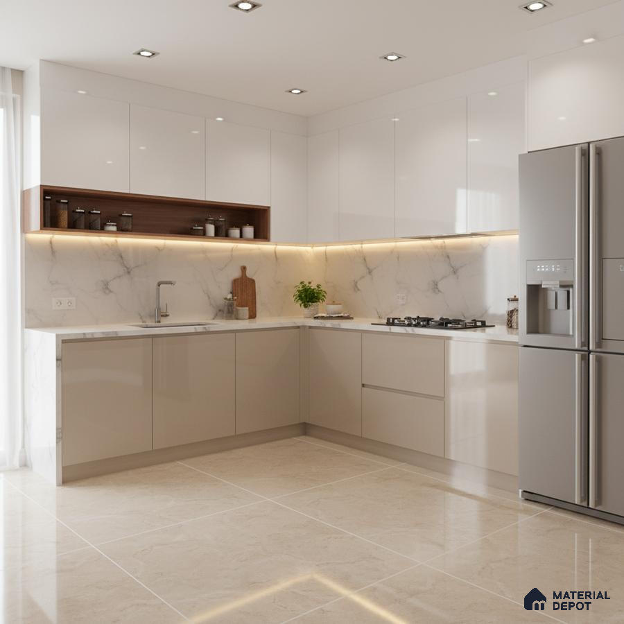 Modern kitchen with high gloss white and beige laminate, marble-look backsplash, and beige marble floor tiles in Bengaluru