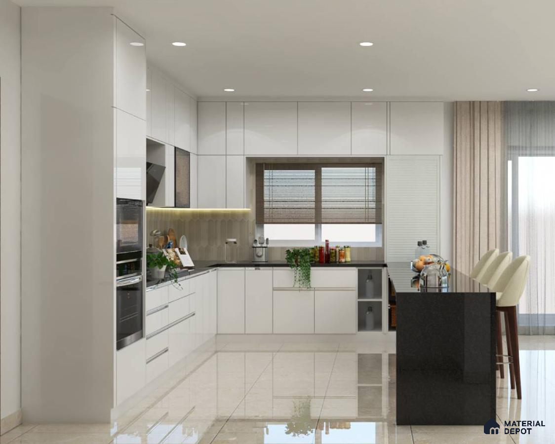 Modern kitchen with high gloss white laminate cabinets, black granite countertop, and beige marble floor tiles in Bengaluru | Material Depot