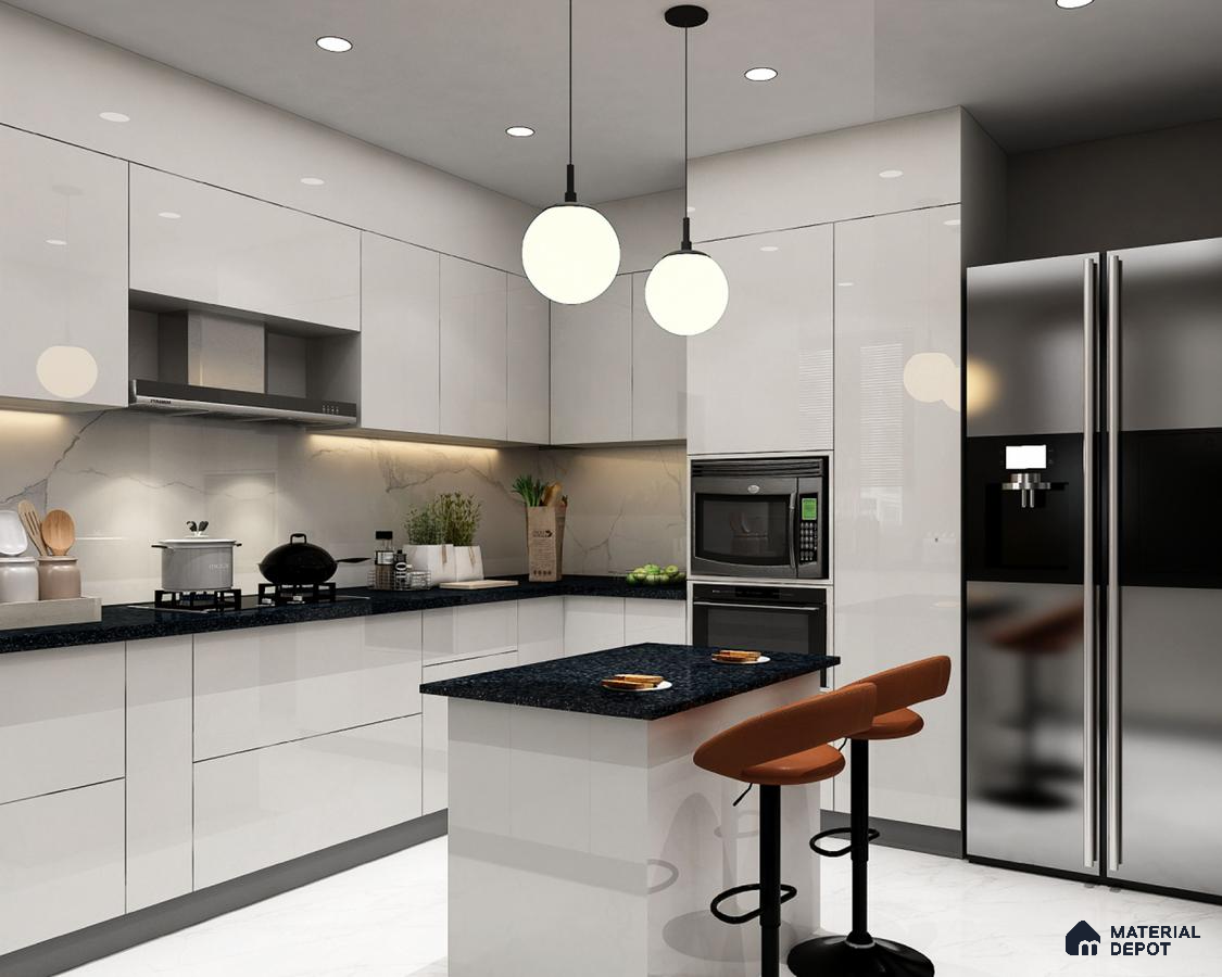 Modern kitchen with high gloss white laminate cabinets, black granite countertop, and marble-look backsplash in Bengaluru | Material Depot