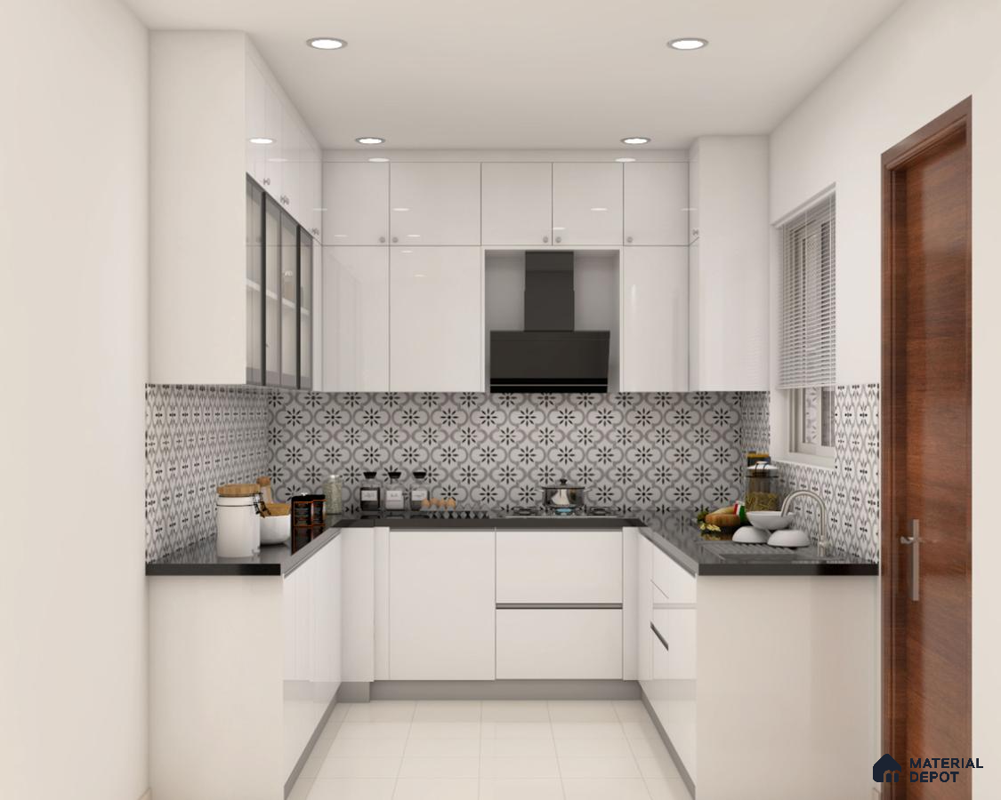 Modern kitchen with high gloss white laminate cabinets, black granite countertop, and patterned monochrome backsplash tiles in Bengaluru | Material Depot