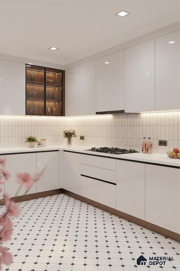 Modern kitchen with high gloss white laminate cabinets, white quartz countertop, and geometric patterned floor tiles in Bengaluru