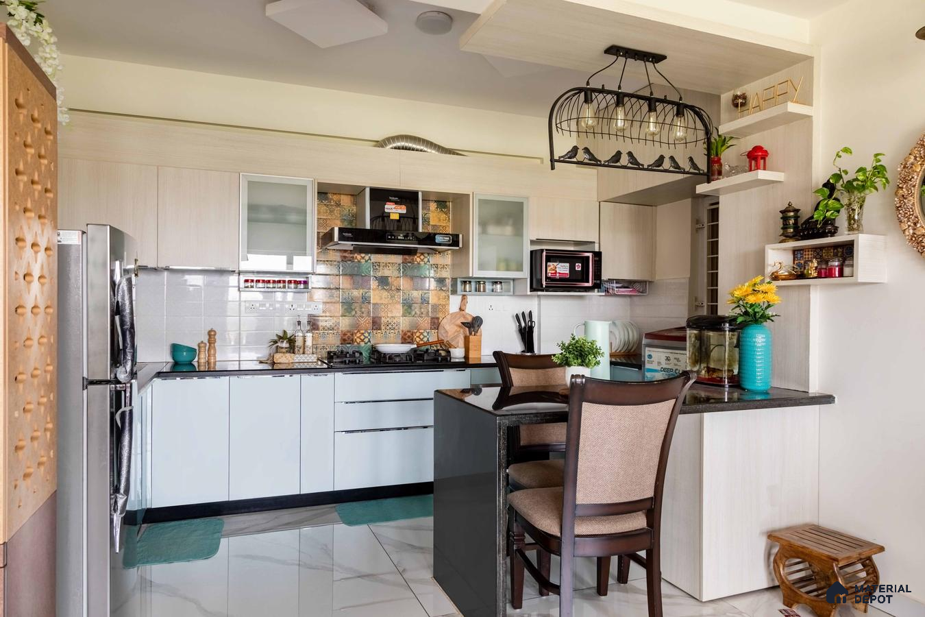 Modern kitchen with light beige laminate cabinets, patterned tile backsplash, and marble-look floor tiles in Bengaluru | Material Depot