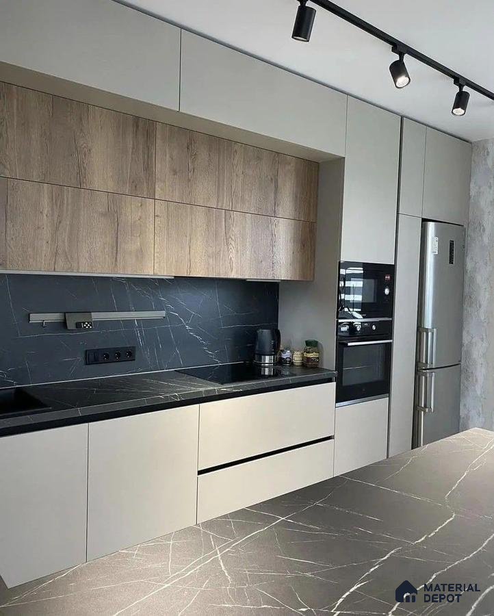 Modern kitchen with light beige laminate, oak wood laminate, and black marble-look countertop in Bengaluru | Material Depot
