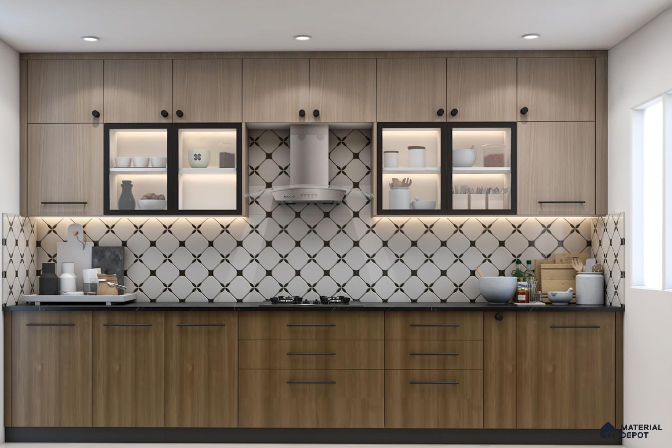 Modern kitchen with light oak and walnut laminate cabinets, black quartz countertop, and geometric patterned backsplash tiles in Bengaluru | Material Depot