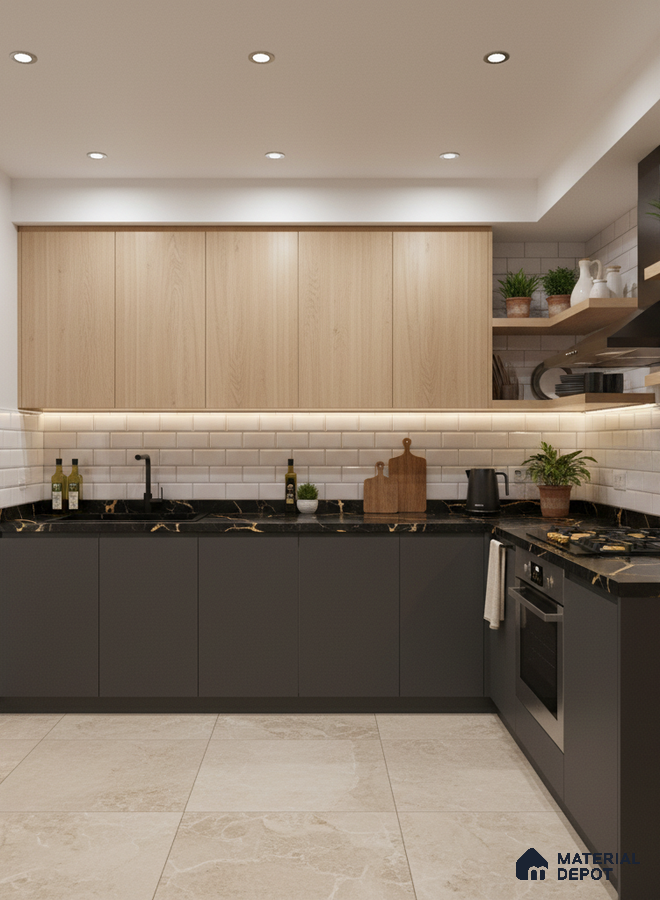 Modern kitchen with light oak laminate, black marble countertop, and white subway backsplash tiles in Bengaluru