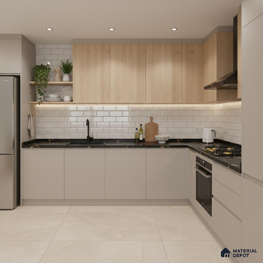 Modern kitchen with light oak laminate, grey matte laminate, black quartz countertop, and white subway backsplash tiles in Bengaluru
