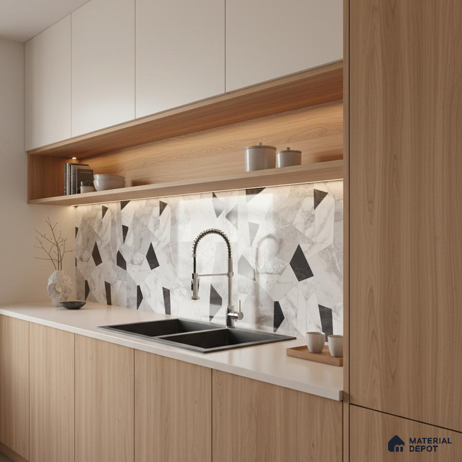 Modern kitchen with light oak laminate, white quartz countertop, and geometric marble-look backsplash tile in Bengaluru