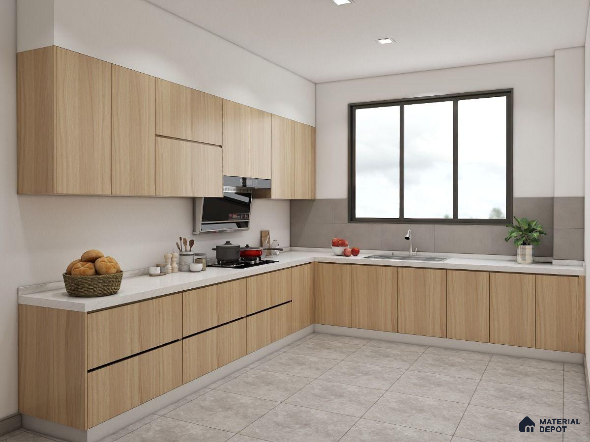Modern kitchen with light oak wood laminate cabinets and white marble-look countertop in Bengaluru | Material Depot