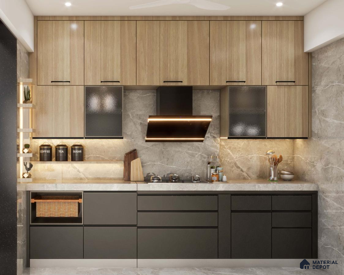 Modern kitchen with light oak wood laminate, matte charcoal laminate, and grey marble backsplash in Bengaluru | Material Depot