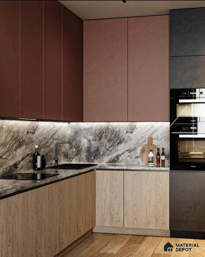 Modern Kitchen with Marble Backsplash and Earthy Tones | Material Depot