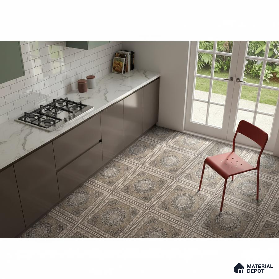 Modern kitchen with marble-look countertop, glossy taupe laminate cabinets, and patterned moroccan floor tiles in Bengaluru