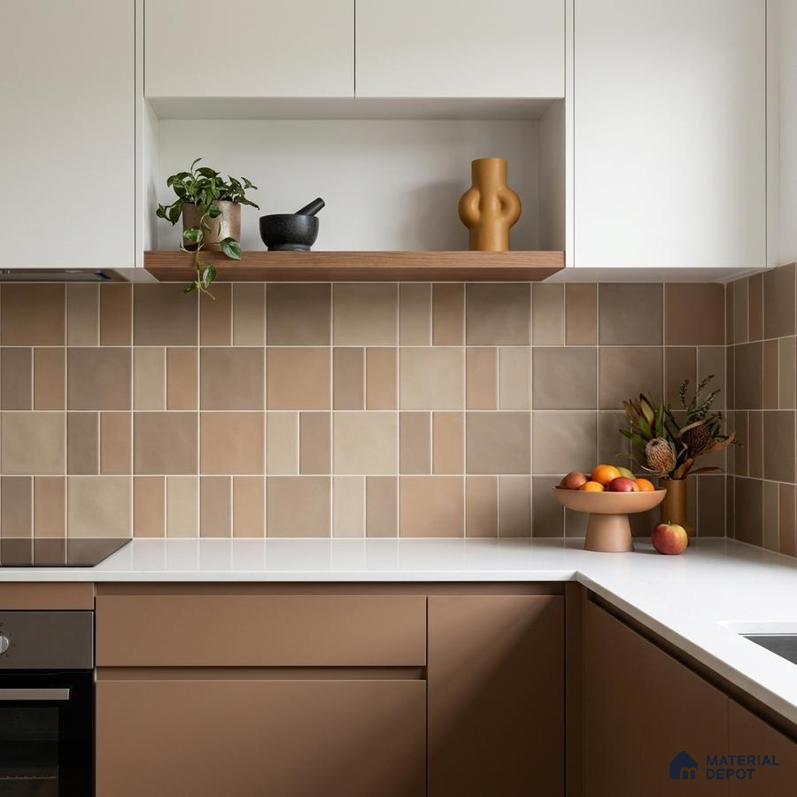 Modern kitchen with matte beige laminate cabinets, white quartz countertop, and taupe geometric backsplash tiles