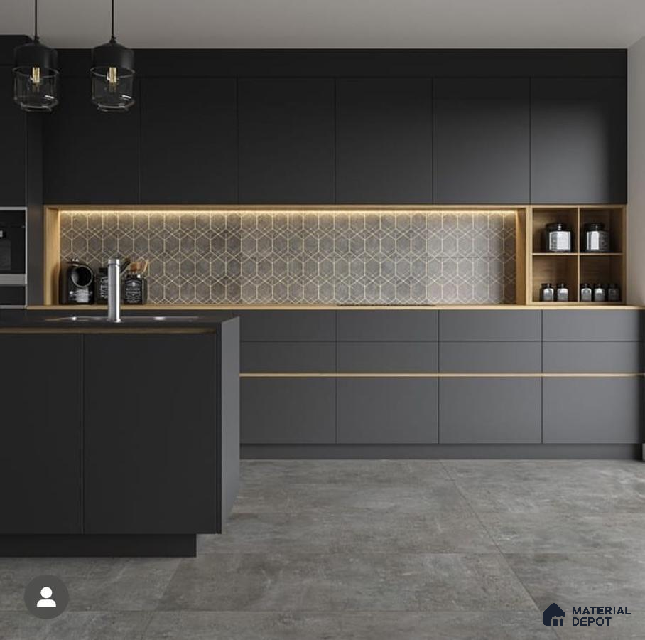 Modern kitchen with matte black laminate cabinets, geometric backsplash tile, and grey stone floor tiles in Bengaluru | Material Depot