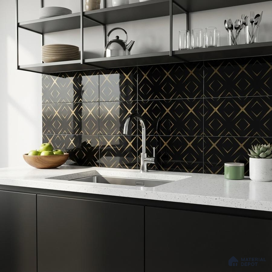 Modern kitchen with matte black laminate cabinets, white quartz countertop, and black geometric gold patterned backsplash tiles