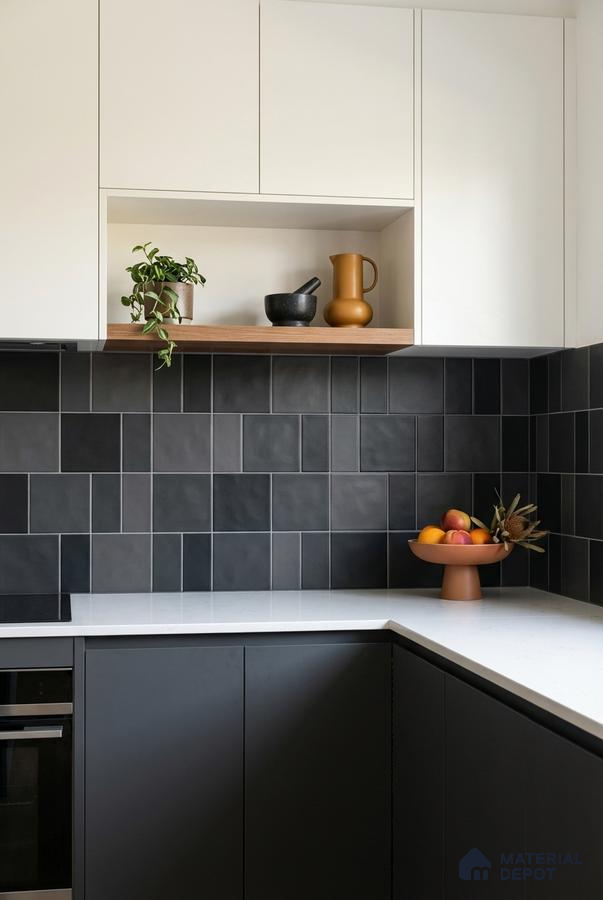 Modern kitchen with matte black tile backsplash, white laminate cabinets, and white quartz countertop
