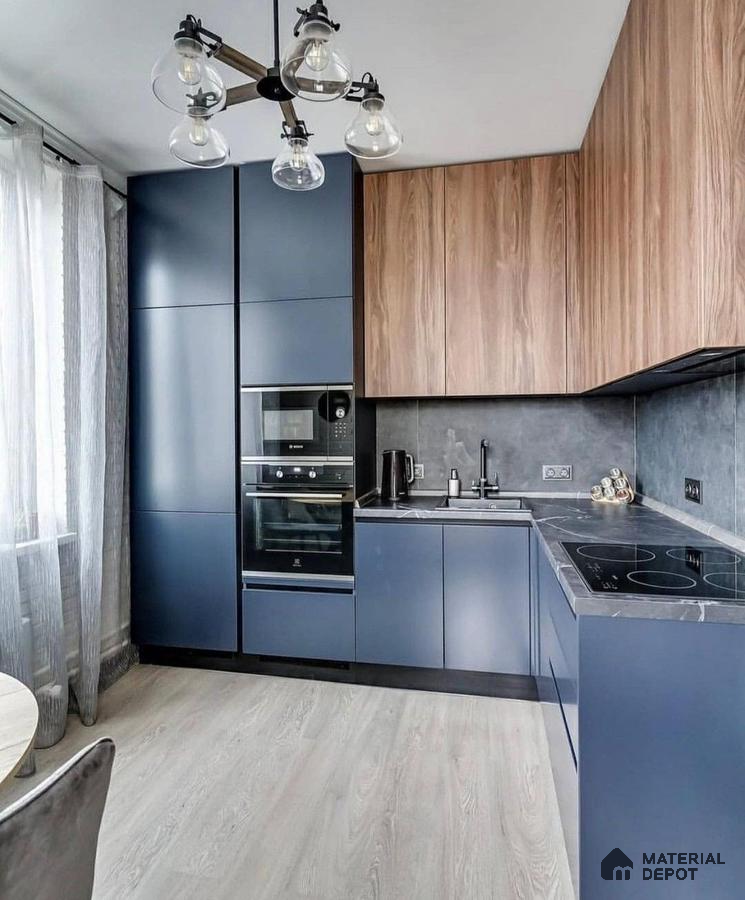Modern kitchen with matte navy blue laminate, walnut wood laminate, and grey stone backsplash in Bengaluru | Material Depot
