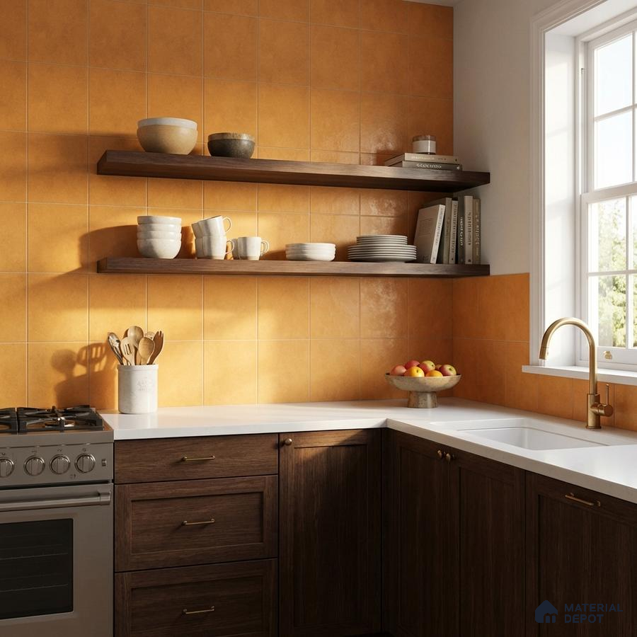 Modern kitchen with matte orange wall tiles, walnut wood laminate cabinets, and white quartz countertop