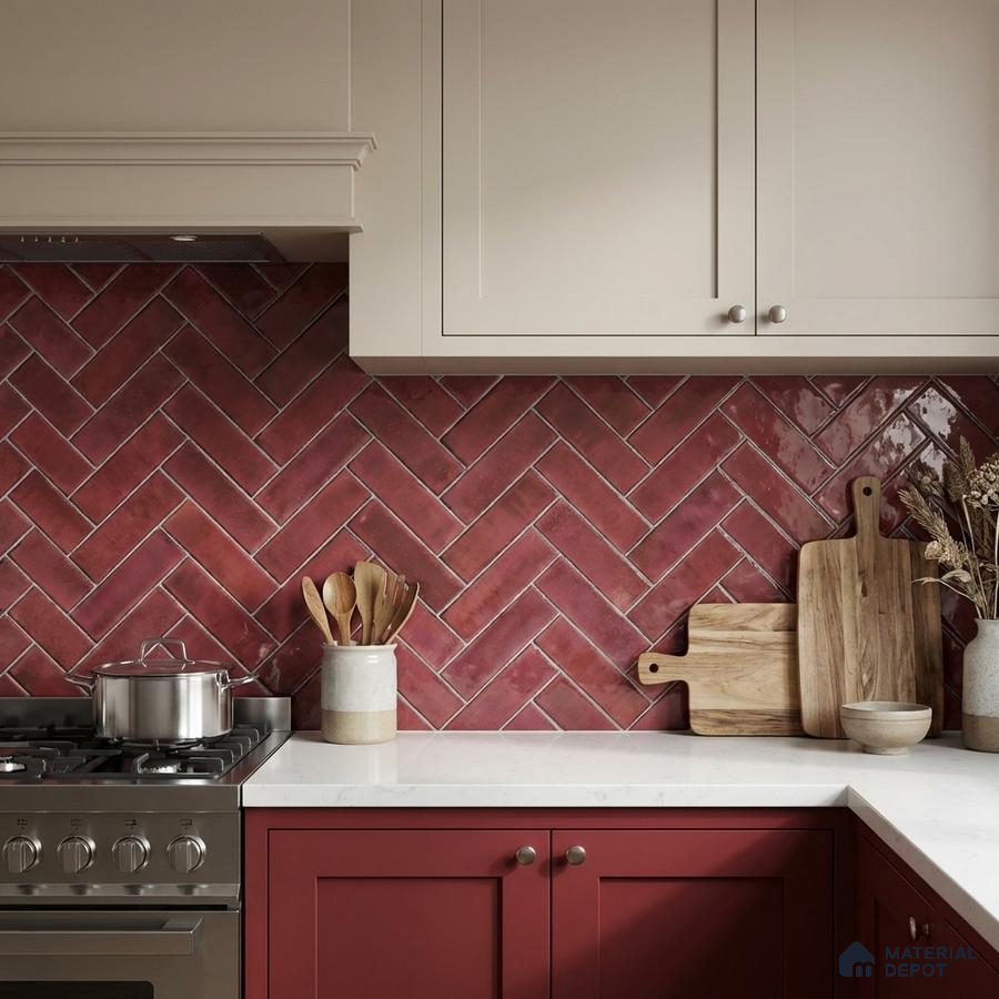 Modern kitchen with matte red herringbone subway tile backsplash and white quartz countertop
