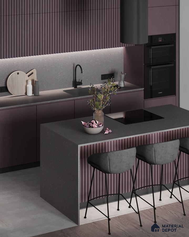 Modern kitchen with mauve fluted laminate, grey terrazzo countertop, and matte black fixtures in Bengaluru | Material Depot