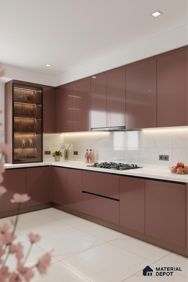 Modern kitchen with mauve high gloss laminate cabinets and white marble-look quartz countertop in Bengaluru