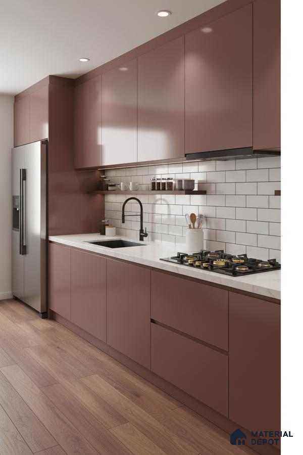 Modern kitchen with mauve high gloss laminate cabinets, white quartz countertop, and subway tile backsplash in Bengaluru