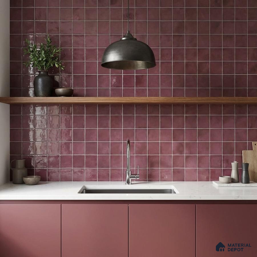 Modern kitchen with mauve square wall tiles, matte mauve laminate cabinets, and white quartz countertop