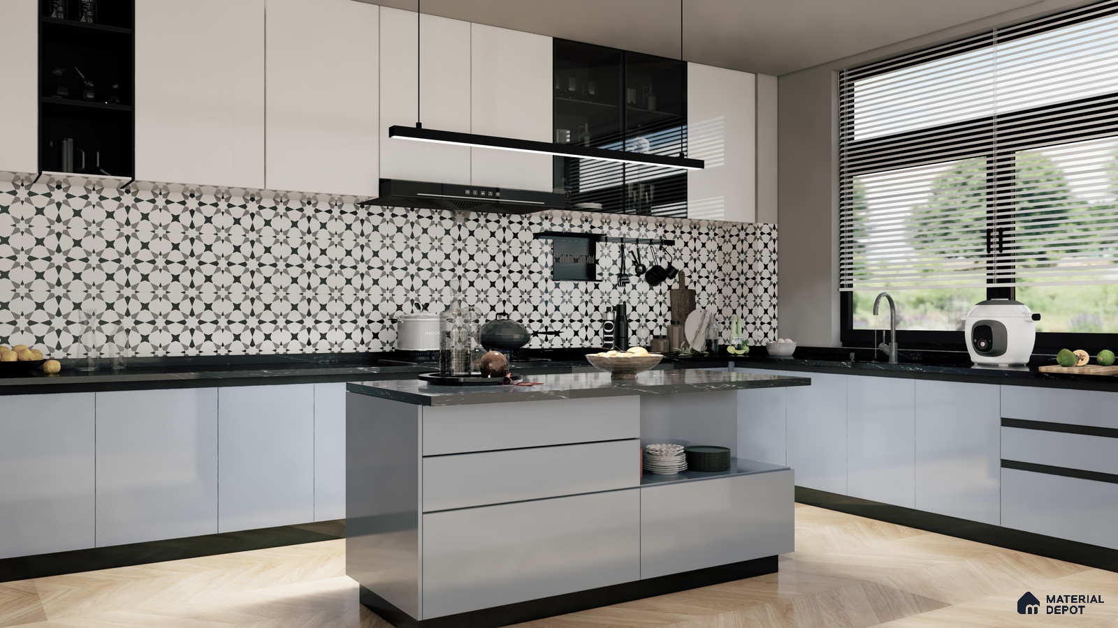 Modern Kitchen with Monochrome Patterned Tiles and Island Counter | Material Depot